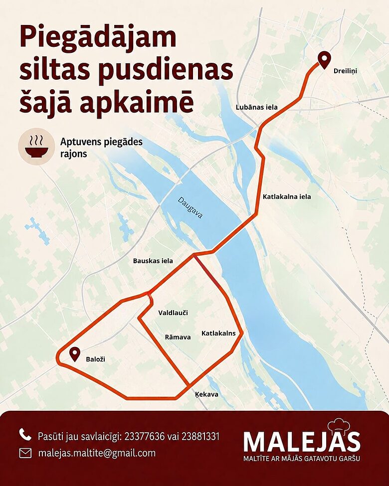 Silto pusdienu piegādes maršruts no Baložiem līdz Dreiliņiem